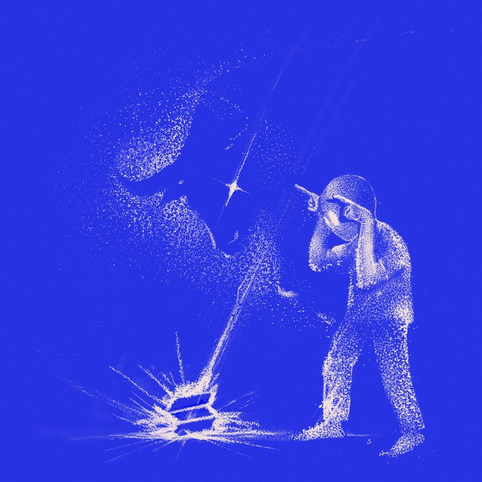 Blue-toned stylized illustration of a figure using VR/AR goggles while another figure appears to disintegrate or pixelate nearby.