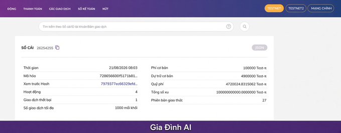 A Vietnamese blockchain explorer page from 'Gia Dinh AI' showing transaction details including hash 72865660f5171b81... and block 21254255, with a PHP testnet interface.
