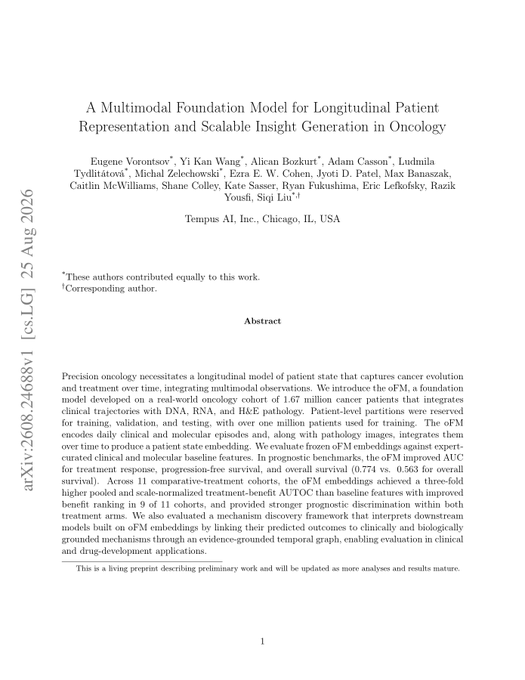 The image shows the title page of an academic paper titled "A Multimodal Foundation Model for Longitudinal Patient Representation and Scalable Insight Generation in Oncology," authored by Eugene Vorontsov and several Tempus AI researchers (including Yi Kan Wang, Adam Casson, Ludmila Tydlitátová, Michal Zelechowski, Ezra E. W. Cohen, Jyoti D. Patel, Max Banaszak, Caitlin McWilliams, Shane Colley, Kate Sasser, Ryan Fukushima, Eric LeMoskey, Razik Yousfi, and Sirip Liu) from Tempus AI, Inc. in Chicago, IL, dated 25 August 2026.

The paper relates to $TEM (Tempus AI) as it presents research from the company on the oFM foundation model, which was developed on a real-world oncology cohort of 1.67 million cancer patients and integrates clinical trajectories with DNA, RNA, and H&E pathology data to improve cancer treatment predictions.