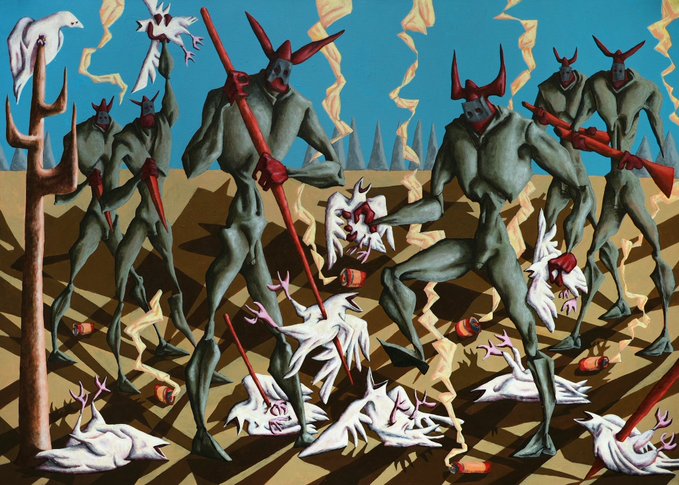 A surreal scene depicts tall, horned gray figures wielding red staffs over fallen white bird-like creatures scattered across a barren, fiery landscape. The apocalyptic imagery of figures trampling weeping birds visually echoes the post's somber theme, "GM Unnumbered Tears."