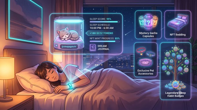 An illustrated scene of a sleeping woman wearing a sleep-tracking wristband, with a holographic display showing a 'SLEEP SCORE: 95%' for 'sleepagotchi', along with UI elements for 'Mystery Gacha Capsules', 'NFT Bedding', 'Exclusive Pet Accessories', and a 'Legendary Sleep Habit Badges' tree.