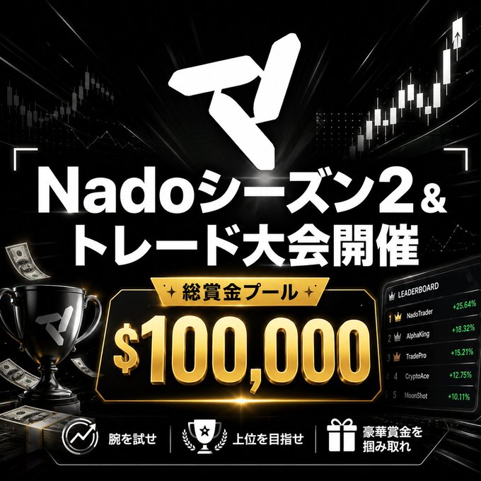 The image features a black background with white text, including Japanese characters that read "Nado #Ink #エアドロ #Perp Nado Season 2" and "#Nado ー#Ink ー#エアドロ ー#Perp NadoSeason 2". The post is about a global risk engine called Nado. The image also includes a gold trophy, which has the text "Nado ー#Ink ー#エアドロ #Perp NadoSeason 2" written on it.