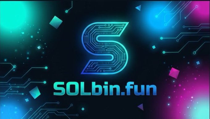 A neon cyberpunk-style graphic displays a glowing blue circuit-board letter "S" above the text "SOLbin.fun" against a dark background with cyan and magenta digital elements.