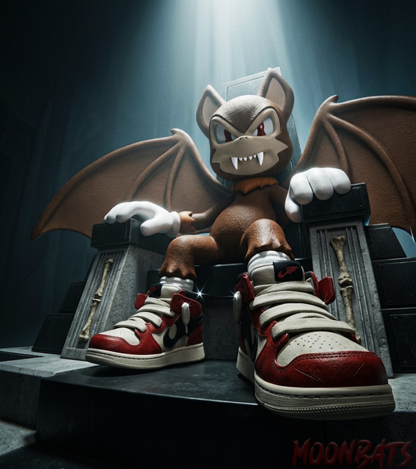 A 3D render shows a menacing bat-like Sonic character wearing red and white sneakers, sitting on a dark throne with the text 'MOONBATS' in the bottom right corner.