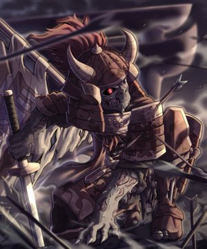 Anime-style illustration of a fearsome samurai warrior in dark red armor with a horned helmet and glowing red eye, holding a katana amid a battle scene.