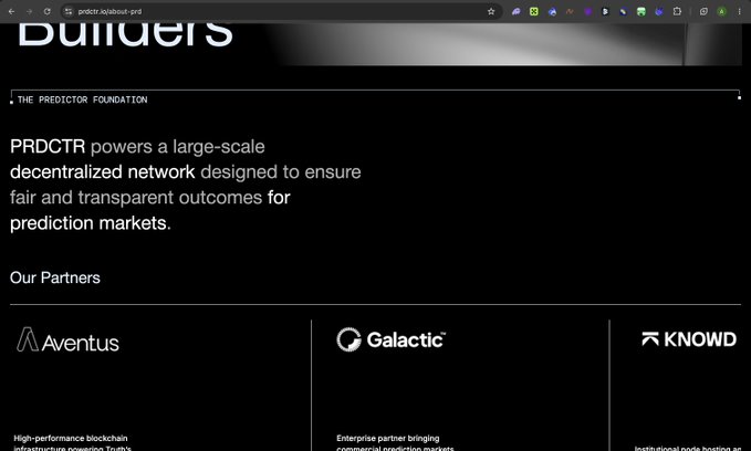 A screenshot of the PRDCTR (The Predictor Foundation) website displaying information about PRDCSTR powering a large-scale decentralized network for prediction markets, alongside partner logos for Aventus, Galactic, and KNOWD. The image supports the post's point about prediction markets' infrastructure clunkiness, showcasing one of the foundational protocols (PRDCTR) attempting to address these issues with decentralized solutions.