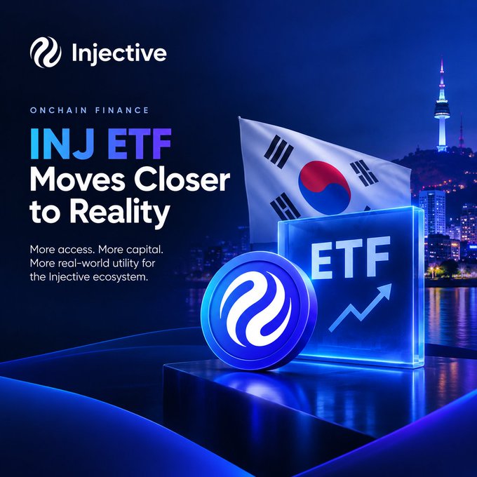 A promotional graphic for Injective cryptocurrency featuring the South Korean flag and text 'INJ ETF Moves Closer to Reality' with the tagline 'More access. More capital. More real-world utility for the Injective ecosystem.'