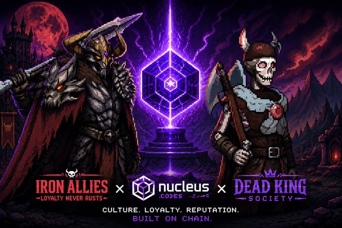 Promotional artwork for a collaboration between Iron Allies ('Loyalty Never Rusts'), Nucleus (.codes), and Dead King Society, featuring a horned warrior and skeletal king flanking a glowing purple crystal with the tagline 'Culture. Loyalty. Reputation. Built on Chain.'