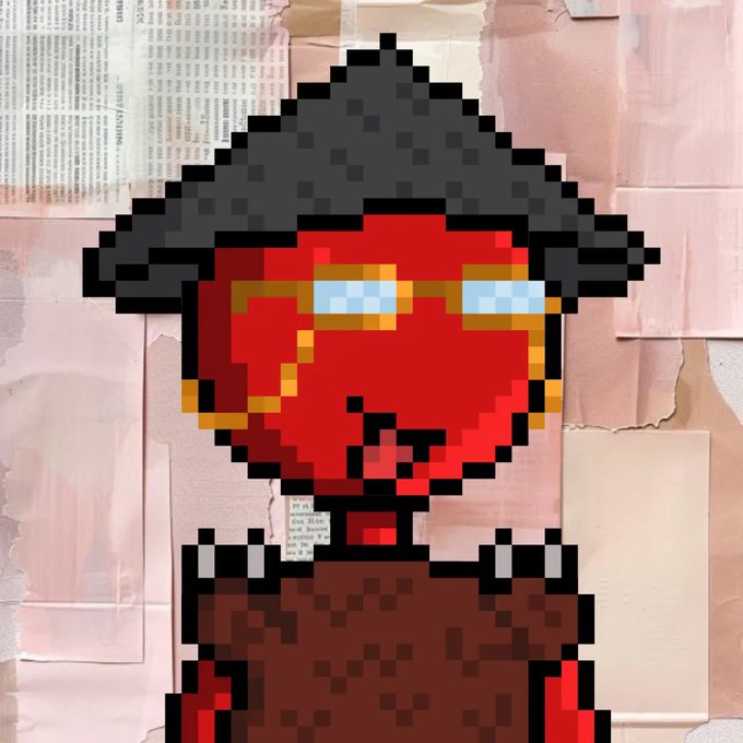 A pixel art illustration of a red-skinned character with a black hat and glasses, mounted on a textured pink and beige wall with newspaper fragments.