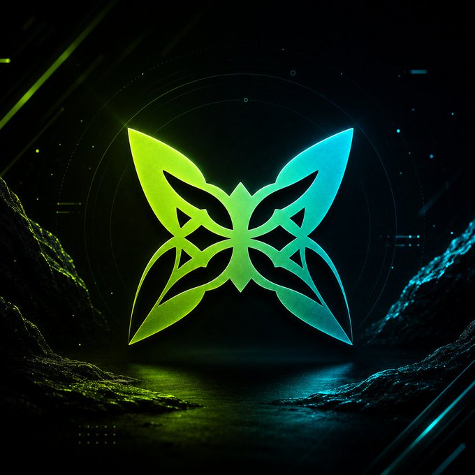 A glowing neon green and cyan symmetrical butterfly or winged emblem logo set against a dark, rocky sci-fi background.