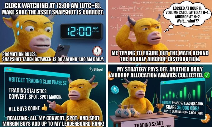 A bull mascot in a yellow furry costume appears in a four-panel comic styled as a math whiteboard, emphasizing that Bitget Trading Club Phase 57 rewards only buy volume on BGB—text on screen references "TRADING STATISTICS: CONVERT, SPOT, SPOT MARGIN" and "SHARE 35,000 BGB!" with an asset snapshot taken between 12:00 AM and 1:00 AM daily (UTC+8), directly promoting the post's call to execute buy orders on BGB before the Aug 25 deadline.