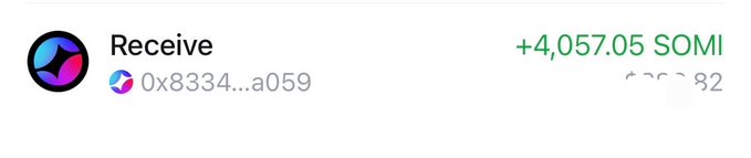 A crypto transaction notification shows a "Receive" of +4,057.05 SOMI from address 0x8334...a059, supporting the poster's bullish claim about $SOMI potentially reaching $20, which they credit as "my first win of the year."