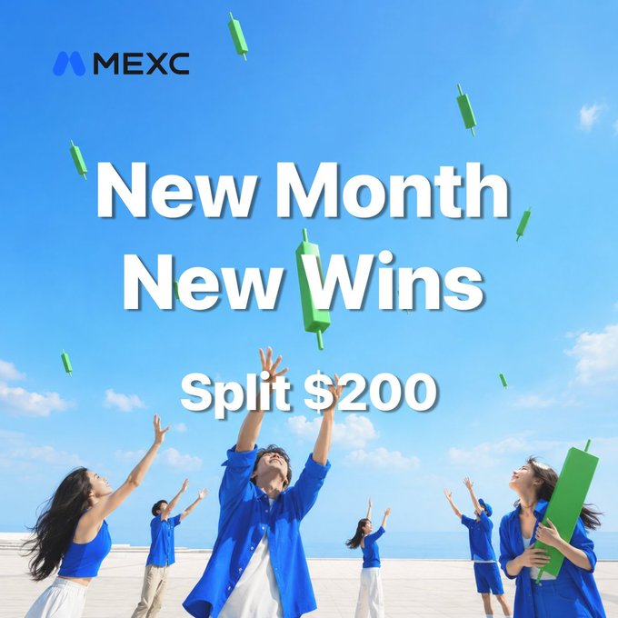 A promotional image for MEXC's "New Month, New Wins" giveaway featuring a group of people in blue reaching up toward falling green candlestick charts against a bright sky, displaying the text "MEXC," "New Month New Wins," and "Split $200" to advertise the $200 USDT prize split opportunity for traders.