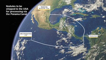 A satellite map showing shipping routes between 'Mobile City Brownsville, Texas', 'USA Mobile Port KOT', and 'Panama Canal', with text: 'Modules to be shipped to the USA for processing via the Panama Canal'.
