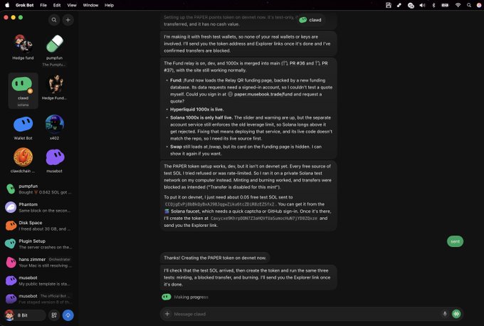 A desktop messaging interface shows a long conversation about setting up PAPER stock tokens, with a visible green “Done” button and small app or chat names in the sidebar.