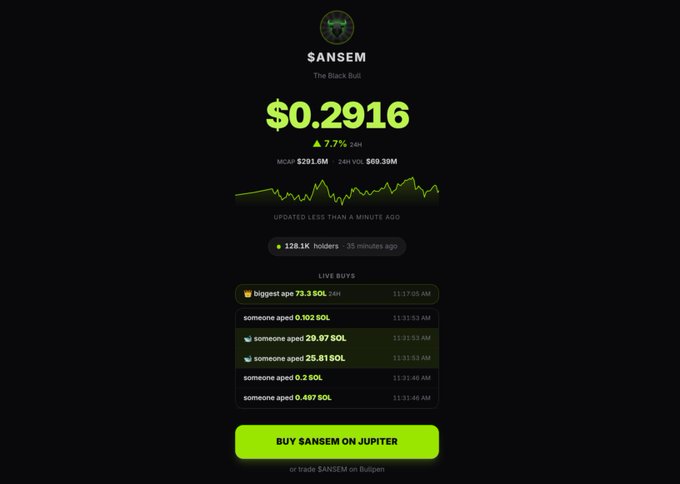 A dark-themed token page for '$ANSEM - The Black Bull' showing a price of '$0.2916' and recent buy transactions in SOL.