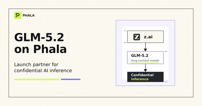 The image features a white banner with black text advertising GLM-5.2 on Phala, which is an AI model for secure inference. The banner states that Phala's model is now ready for deployment as an SOTA model at enterprise levels of security. The main focus in the image is the graphic elements, including the title "GLM 5.2 on Phala", and there are a couple of arrows pointing to different parts of the image to draw attention to specific details or features about the GLM-5.2 model.