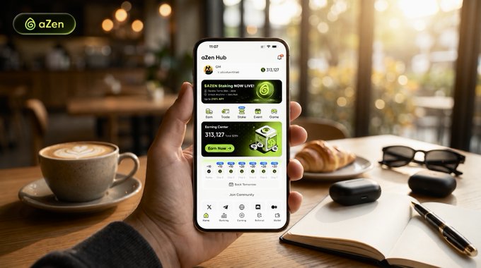 A hand holds a smartphone displaying the aZen Hub app, featuring "$5,127" points and an "aZen Community" banner, set in a sunlit café with coffee, pastries, and an open journal—reinforcing the post's message of staying connected with aZen throughout the day's activities.
