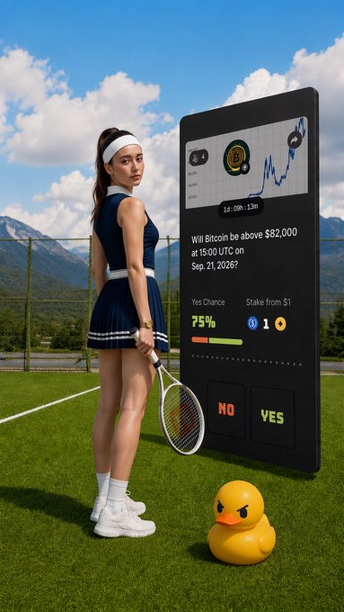A woman in a navy tennis outfit holding a racket on a court next to a large smartphone displaying a prediction market question: 'Will Bitcoin be above $82,000 at 15:00 UTC on Sep, 21 2026?' with Yes Chance at 75% and a yellow rubber duck in the foreground.