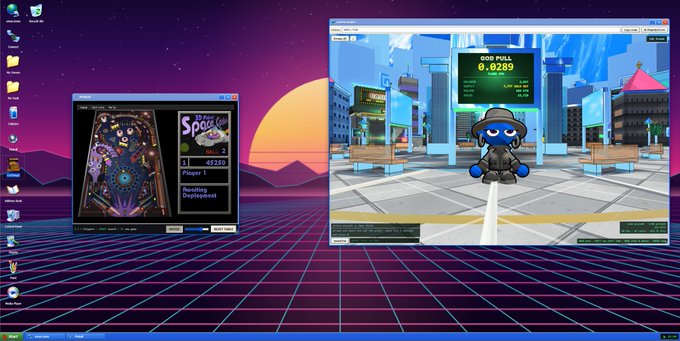 A computer desktop with a purple sunset grid wallpaper displays a pinball game window alongside a 3D virtual world featuring a blue character avatar.
