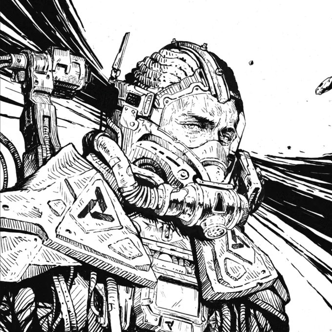 A detailed black-and-white ink illustration of a rugged soldier or pilot wearing a futuristic gas mask and helmet, surrounded by dynamic speed lines that convey motion and intensity. The gritty, sci-fi artwork ties into the post's appreciation shoutout, showcasing the artist's distinctive stylized comic or graphic novel aesthetic.