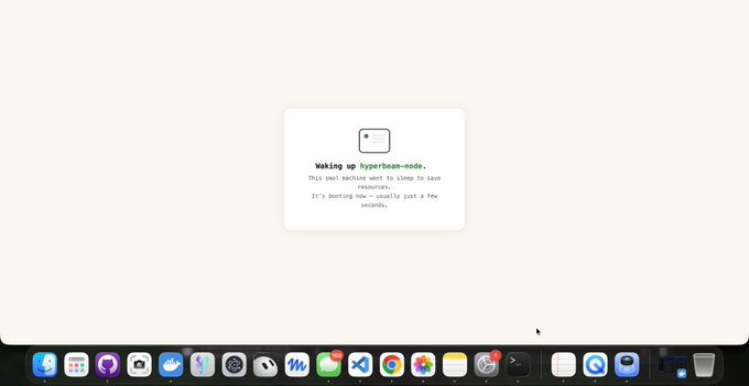A macOS screen displaying a 'Waking up hyperbean-node...' notification that states it's booting now and will take a few seconds, with the dock visible at the bottom.