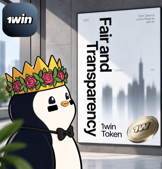 An advertisement features a cartoon penguin wearing a flower crown, promoting 'Fair and Transparency' and the '1WIN Token' with a golden coin.