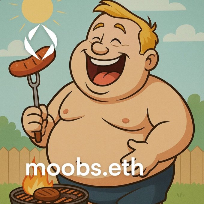 A cartoon illustration of a shirtless, smiling man with blonde hair grilling a sausage and burger outdoors, with the text 'moobs.eth' displayed across the bottom.