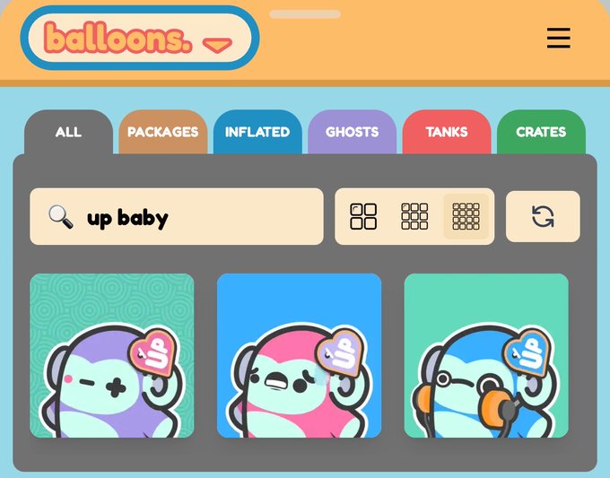 A "balloons." app interface displays a search bar with "up baby" alongside an NFT collection showcasing colorful cartoon characters with heart stickers labeled "up." The image relates to the post "UP BABY @balloonsonape" by displaying the digital collectibles in a stylized marketplace format.