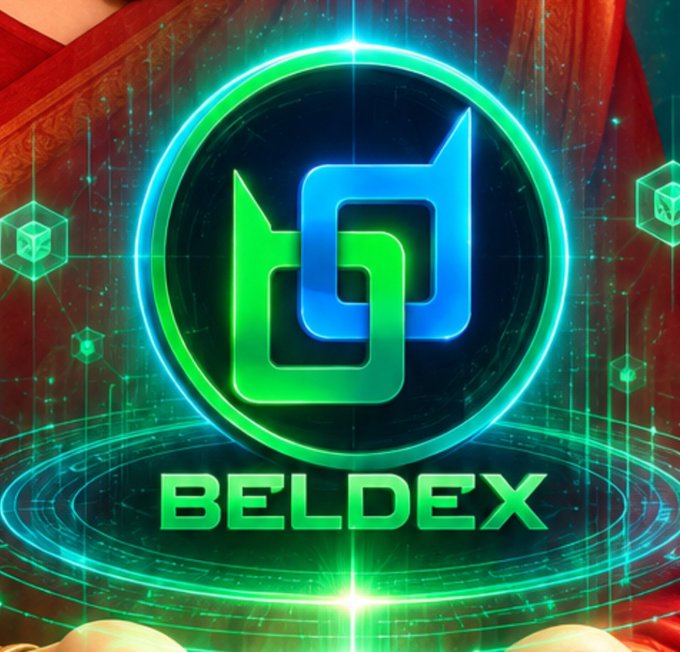 The image displays the "BELDEX" logo, featuring interlocking blue and green shapes within a circular neon outline, symbolizing their decentralized VPN solution. This visual aligns with the post's explanation of BelNet, Beldex's privacy-focused, decentralized VPN.
