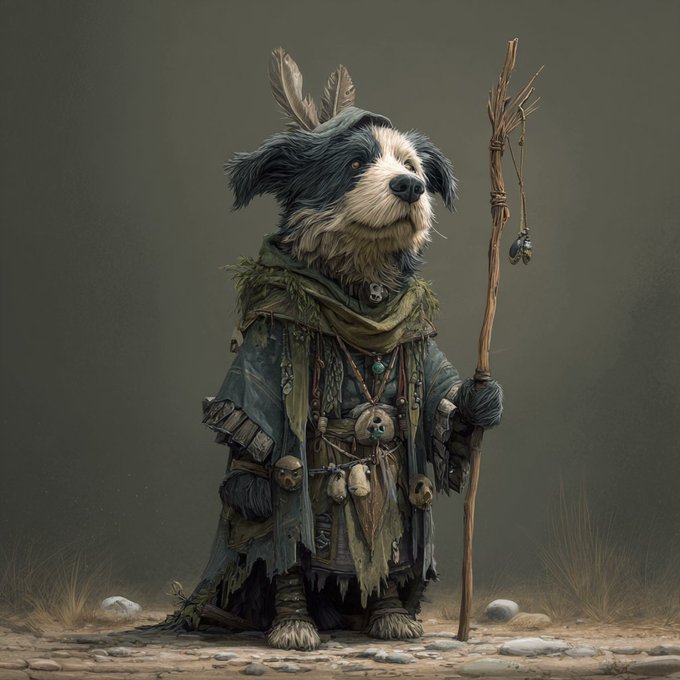 A fantasy illustration of an anthropomorphic border collie dog dressed as a druid/sorcerer, wearing tattered robes with feathers, skulls, and beads, and holding a wooden staff.
