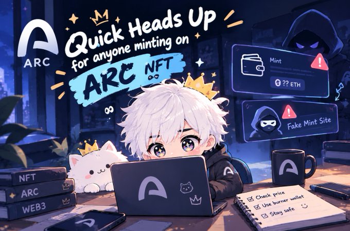 An anime-style illustration with text 'Quick Heads Up for anyone minting on ARC NFT' featuring a white-haired character at a laptop, with warnings about a 'Fake Mint Site' and a checklist including 'Check price', 'Use burner wallet', and 'Stay safe'.