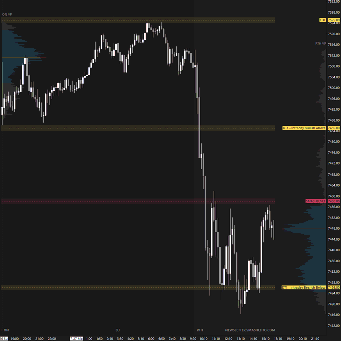 A candlestick chart of the $ES (E-mini S&P 500) futures showing overnight and regular trading hours, with price action dropping sharply from the ON VP level around 7528.50 down toward the RTH Bearish LVL at 7460.25, before bouncing back above the VAL (7460.50) and settling near 7445.