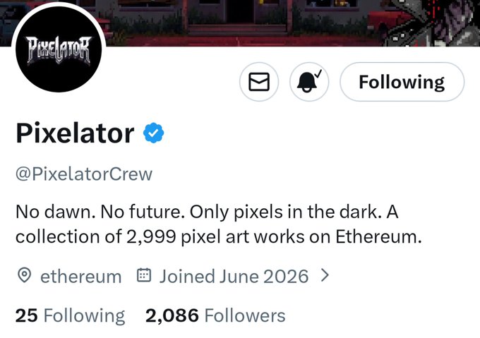 The image features a social media post from a user named @Pixelator Crew. The post includes a list of followers who have liked or shared their account. The post also mentions that there are 2,959 pixel art NFTs available for sale on Ethium.