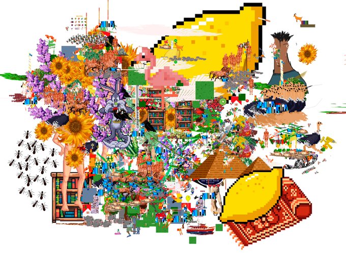 A complex, surreal pixel art collage featuring a yellow Pac-Man, a Minecraft-style landscape, sunflowers, a giraffe, and a character with extremely long legs standing in the colorful composition.