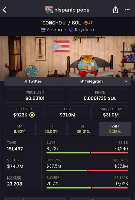 A cryptocurrency tracking interface for the "hispanic pepe" token (CONCHO/SOL #7) on Solana via Raydium, showing price $0.03101 USD / 0.0001735 SOL, market cap $31.0M, and 24H gain of 2219%.