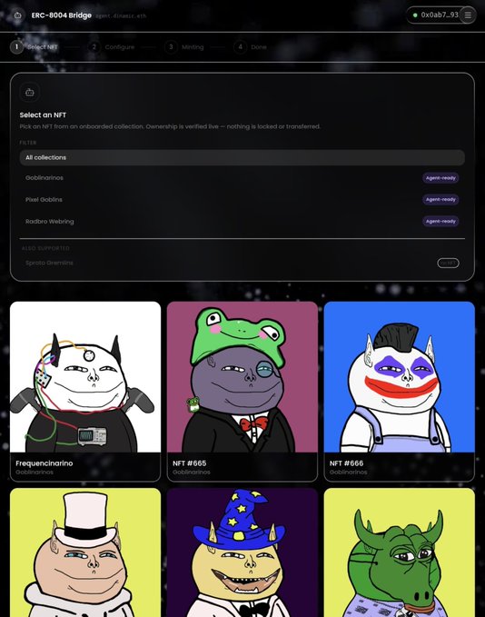 A screenshot of an NFT marketplace interface titled 'ERC-8004 Bridge' showing collections like 'Goblinrinos' and 'Pixel Goblins', with featured NFT character cards including 'Frequencinatino' and others wearing various hats and outfits.
