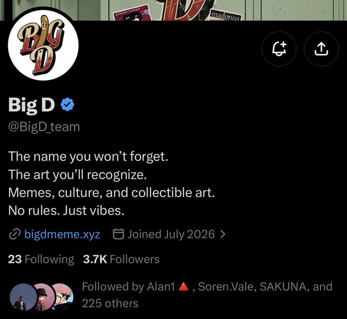 A Twitter/X profile for 'Big D' (@BigD_team) with bio describing memes, culture, and collectible art, linking to bigdmeme.xyz with 3.7K followers.
