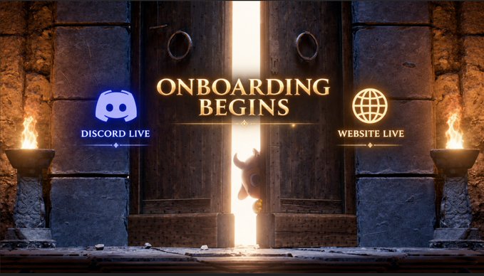A promotional graphic featuring a large wooden door with light streaming through, displaying the text 'ONBOARDING BEGINS' alongside Discord and Website logos labeled 'DISCORD LIVE' and 'WEBSITE LIVE'.
