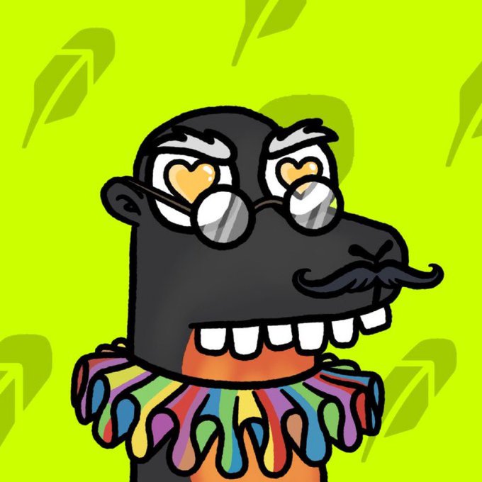 A cartoon black character with heart-shaped eyes, glasses, a mustache, and a colorful ruffled clown collar is featured on a bright green background with subtle leaf patterns. The whimsical, vibrant illustration aligns with the giveaway post for a free NFT mint, using eye-catching playful imagery to attract engagement and entries.