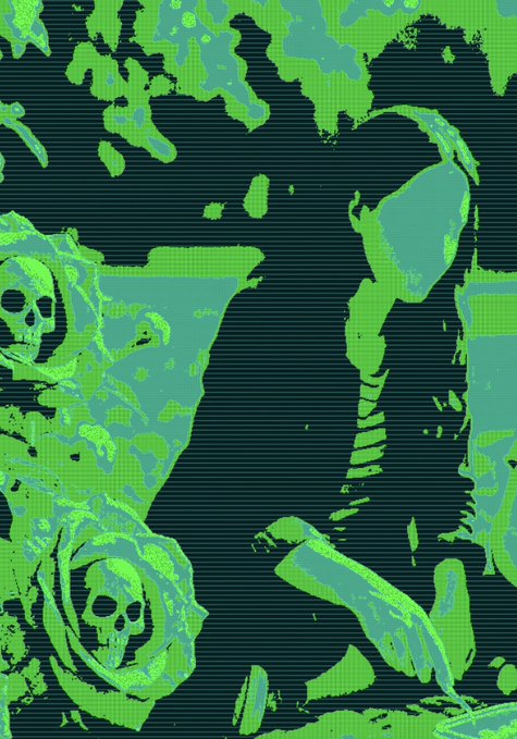 A green and black pixel art or glitch-style illustration showing skeletal and masked figures, possibly inspired by Borderlands or similar video game aesthetics.
