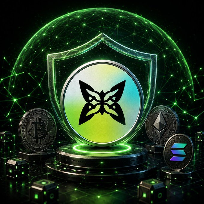 A glowing green digital shield surrounds a stylized butterfly emblem, flanked by physical Bitcoin, Ethereum, and Solana coins, visually reinforcing the post's message about Quip Network providing secure, real-world Web3 utility beyond simple crypto transactions.

Key elements visible: Bitcoin (₿), Ethereum (Ξ), and Solana coins, plus a butterfly logo within a protective shield.