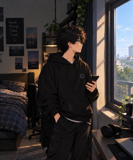 An anime-style illustration of a young man in a black hoodie holding a phone in a cozy bedroom setting with a window view.