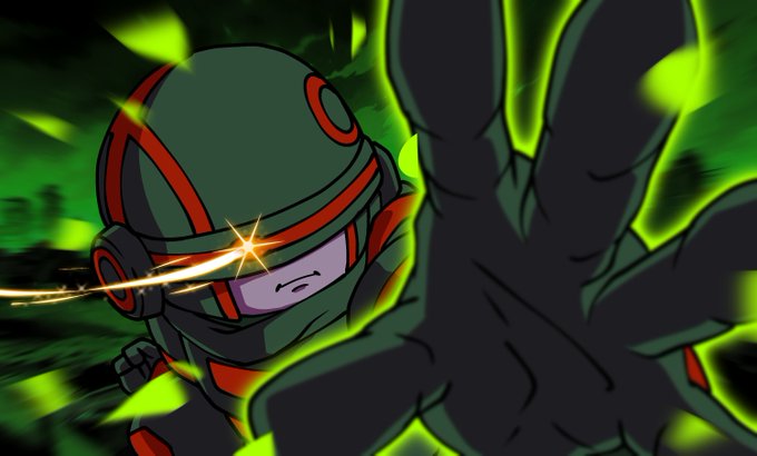 A chibi-style armored character in a green and red helmet with glowing eyes stands amid a dynamic burst of green energy, with a large silhouetted hand reaching toward the viewer. The image's high-energy, mysterious vibe perfectly matches the post's teasing prompt asking followers to guess the mint date for a chance at a 2x Wule NFT airdrop.