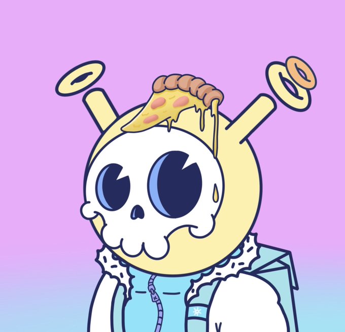 A cartoon character with a skull-like head, halo above its head, pizza slice on top, wearing a blue and white jacket against a pink and blue gradient background.
