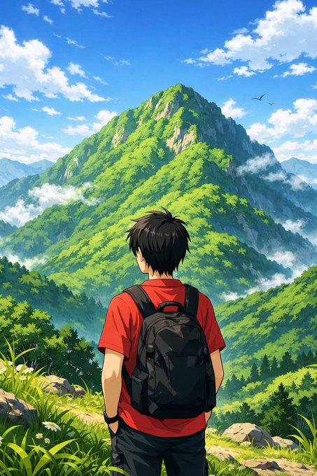 An anime-style illustration depicts a boy with a black backpack in a red shirt gazing out at a lush green mountain landscape under a bright blue sky.