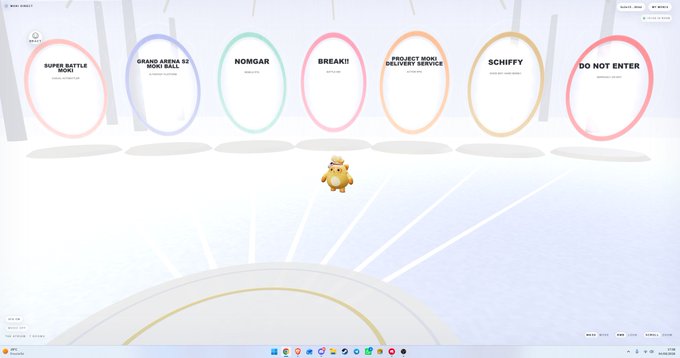 A video game menu titled 'NEW DIRECT!' displaying seven colorful circular level buttons labeled SUPER BATTLE MOKI, GRAND ARENA S2 MOKI BALL, NOMGAR, BREAK!, PROJECT MOKI DELIVERY SERVICE, SCHIFFY, and DO NOT ENTER, with a small yellow character standing in the center.