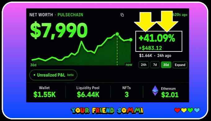 A dashboard showing a "PULSECHAIN" net worth of $7,990 with a +41.09% gain (+$483.12) over 30 days, highlighting holdings in Wallet ($1.55K), Liquidity Pool ($6.44K), and 3 NFTs on Ethereum, attributed to "YOUR FRIEND SOMMI." The image aligns with the post as an example of a profitable portfolio shared anonymously, emphasizing the +41% monthly gain.