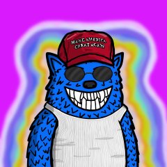 A stylized cartoon blue bear-like character grins widely while wearing a red cap, sunglasses, and a white tank top, set against a vivid multicolored neon background.