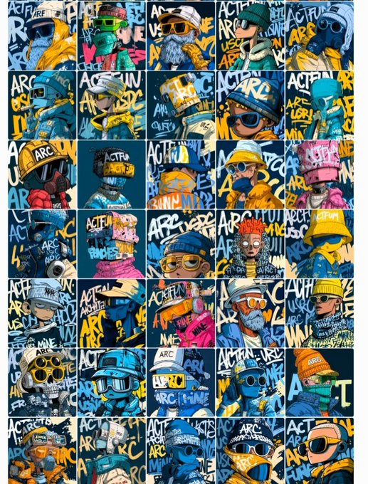 A vibrant collage of 35 stylized NFT character portraits arranged in a grid, each featuring colorful graffiti-style backgrounds with the recurring "ACTFUN" and "ARC" branding, teasing the upcoming ACTFUN Genesis NFT reveal.